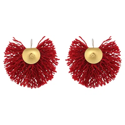 Pre-owned Katerina Makriyianni Wool Fan Earrings In Red Wool & 24k Vermeil Gold By