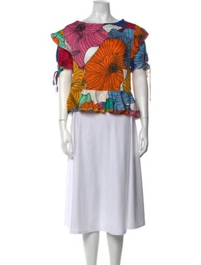 Pre-owned Katharine Kidd Floral Print Mock Neck Blouse In White