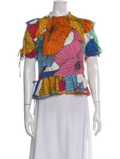Pre-owned Katharine Kidd Floral Print Short Sleeve Blouse In Orange