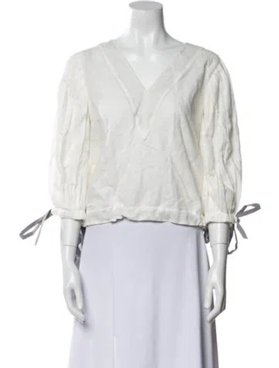 Pre-owned Katharine Kidd Linen V-neck Crop Top In White
