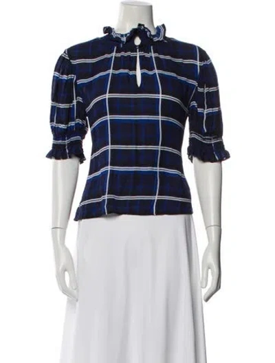Pre-owned Katharine Kidd Silk Plaid Print Blouse In Blue