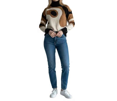 Kathie K Abstract Knit Turtleneck Sweater In Black/ Brown/ Off White Multi In Beige
