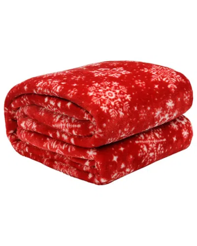 Kathy Ireland Holiday Print Plush Flannel Throw Bl In Red