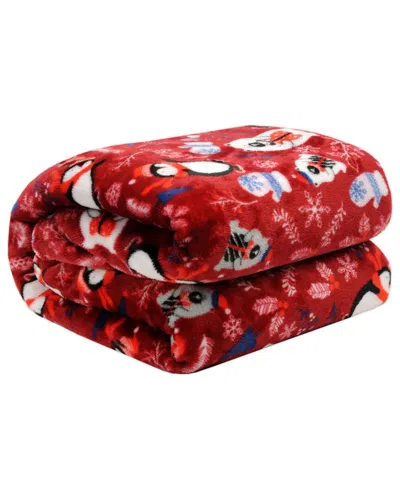 Kathy Ireland Holiday Print Plush Flannel Throw Bl In Red