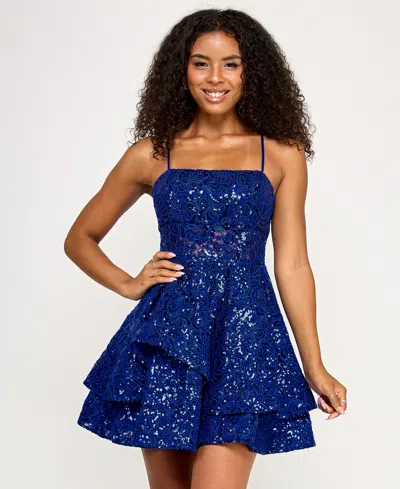 Katia Rae Emerald Sundae Juniors' Sequined Square-neck Dress In Royal