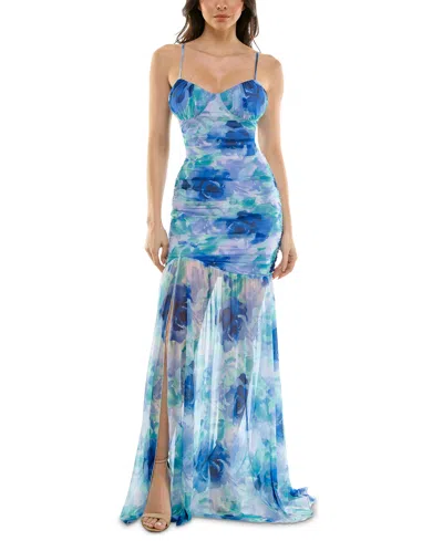 Katia Rae Juniors' Bax Shirred Slit-front Sleeveless Gown, Created For Macy's In Blue Multi
