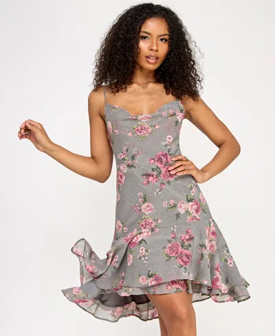 Katia Rae Juniors' Floral-print Cowlneck A-line Dress In Gray