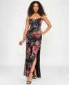 Katia Rae Juniors' Floral-print Sequined Spaghetti-strap Gown