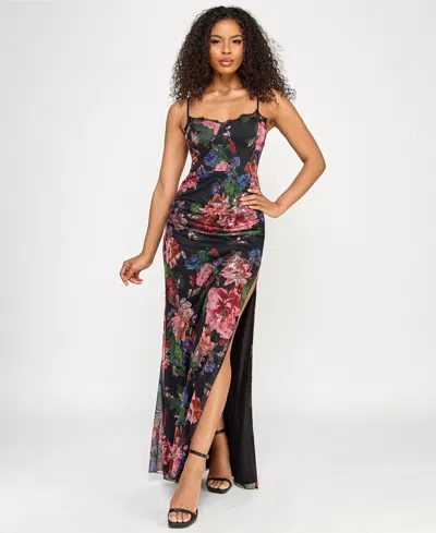 Katia Rae Juniors' Floral-print Sequined Spaghetti-strap Gown In Multi