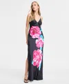 Katia Rae Juniors' Floral Print Sleeveless Column Gown, Created For Macy's In Black Pink