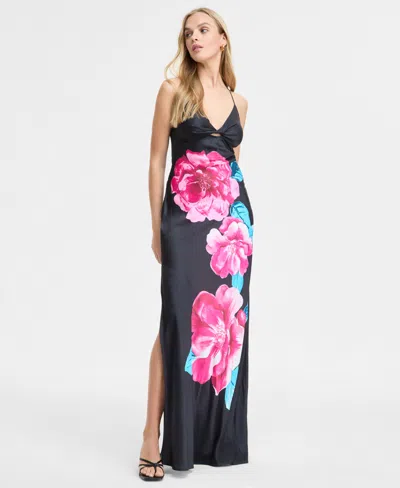 Katia Rae Juniors' Floral Print Sleeveless Column Gown, Created For Macy's In Black Pink