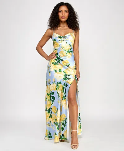 Katia Rae Juniors' Floral-print X-back Gown