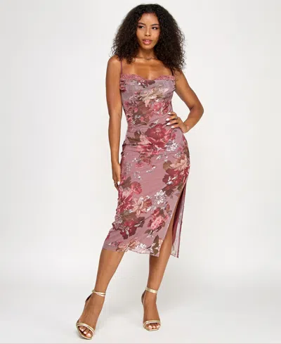 Katia Rae Juniors' Floral Sequined Lace-trim Midi Dress In Multi