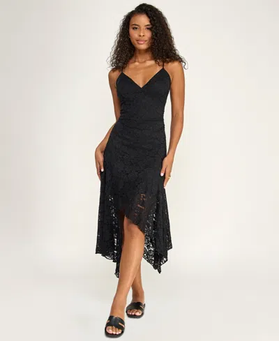 Katia Rae Juniors' Handkerchief Hem V-neck Lace Midi Dress In Black