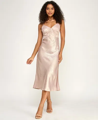 Katia Rae Juniors' Lace Trim Hammered-satin Slip Dress In Neutral