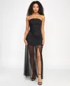 Katia Rae Juniors' Mesh Black Emerald Sleeveless A-line Gown