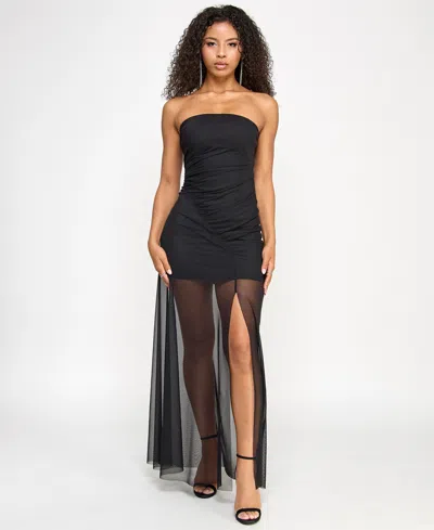 Katia Rae Juniors' Mesh Black Emerald Sleeveless A-line Gown