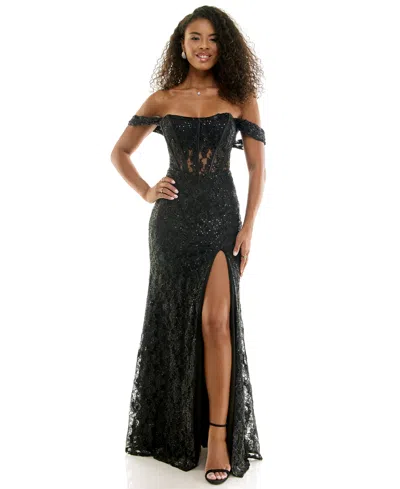 Katia Rae Juniors' Off-the-shoulder Lace Corset Gown In Black