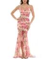 Katia Rae Juniors' Printed Ruched High-low Ruffled Gown, Created For Macy's