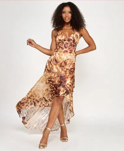 Katia Rae Juniors' Satin & Chiffon Asymmetric-hem Dress In Brown