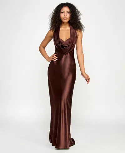 Katia Rae Juniors' Satin Cowl-neck Halter Gown
