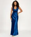 Katia Rae Juniors' Satin Cowl-neck Halter Gown In Blue