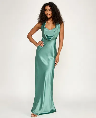 Katia Rae Juniors' Satin Cowl-neck Halter Gown In Blue