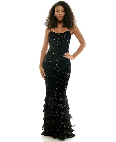 Katia Rae Juniors' Sequin Velvet Feather Gown In Black