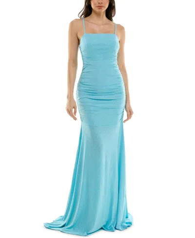 Katia Rae Juniors' Side-ruched Lace-up-back Glitter Gown, Created For Macy's In Aqua