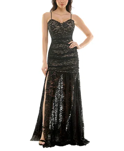 Katia Rae Juniors' Sleeveless Glitter Lace Illusion Gown, Created For Macy's In Black,nude