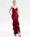 Katia Rae Juniors' V-neck Ruffled Tie-back Gown In Burgundy