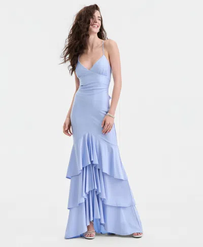 Katia Rae Juniors' V-neck Ruffled Tie-back Gown In Blue