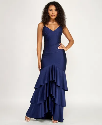 Katia Rae Juniors' V-neck Ruffled Tie-back Gown In Blue