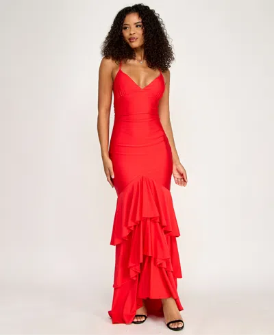 Katia Rae Juniors' V-neck Ruffled Tie-back Gown In Red