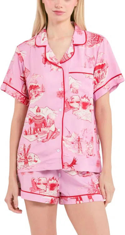 Katie Kime Apres Ski Toile Pajama Shorts Set In Pink In Multi