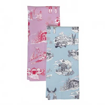 Katie Kime Apr√s Ski Toile Tea Towel Set In Cranberry/light Blue In Multi