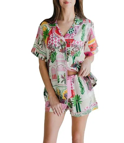 Katie Kime Short Sleeve Notch Collar Shorty Pajama Set In Greco Garden In Multi