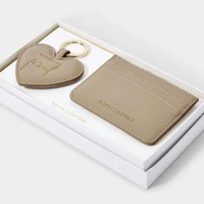 Katie Loxton Fabulous Friend Heart Keyring & Card Holder Set In Light Taupe In Beige