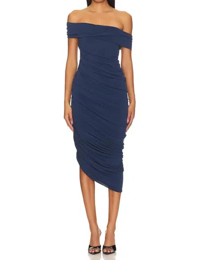 Katie May Alana Ruched Midi Off Shoulder Dress In Deep Sea In Gray
