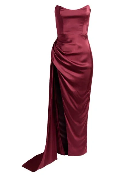 Katie May Bita Strapless Satin Gown In Bordeaux