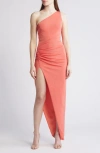 Katie May Scout One Shoulder Maxi Side Seam Slit Gown In Nectarine In Gold
