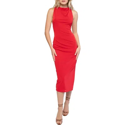 Katie May Ellie Shirred Open Back Body-con Cocktail Midi Dress In Scarlett