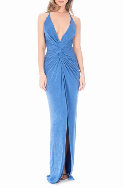Katie May Pixie Plunge Neck Twist Front Gown In Blue