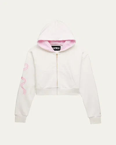 Katiej Nyc Kids' Girl's Dylan Cropped Hoodie W/ Coquette Bow Applique In Vint White/pink Seer