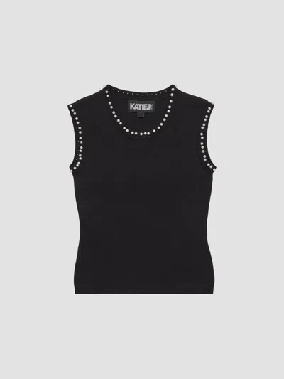 Katiej Nyc Girl's Girl's Buffy Pearl-trim Sleeveless Top In Black