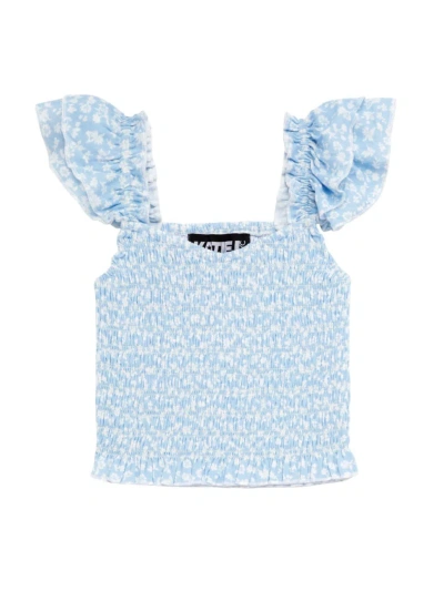 Katiej Nyc Girl's Joanna Floral Smocked Top In Blue Ditsy Floral