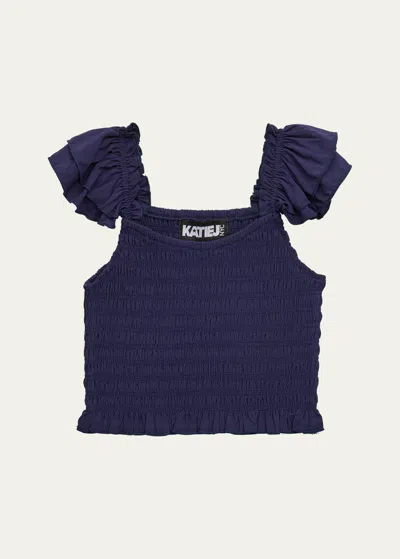 Katiej Nyc Kids' Girl's Joanna Smocked Ruffle Top In Evblu