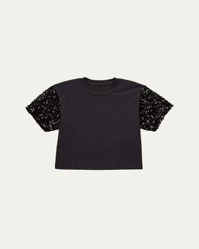 Katiej Nyc Kids' Girl's T-shirt W/ Sequin Sleeves In Blksq
