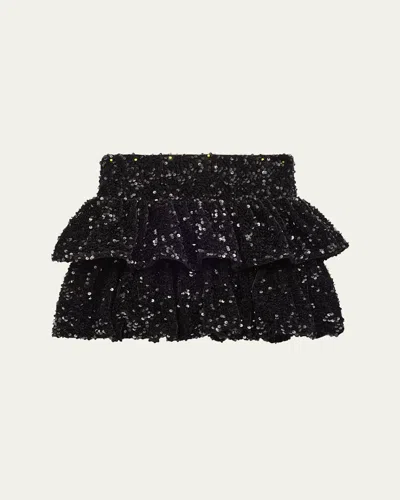 Katiej Nyc Kids' Girl's Tiered Sequin Ruffle Mini Skirt In Blksq