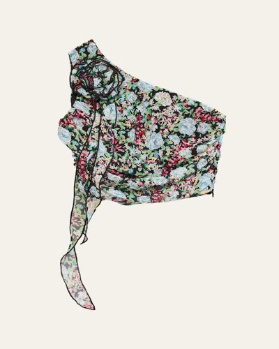 Katiej Nyc Kids' Girl's Tween Floral-print One Shoulder Rossette Top In Bddfl